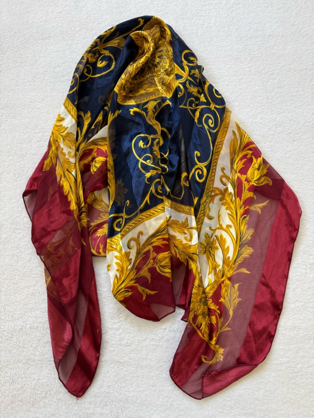 Elegant Baroque-Print Sheer Scarf in Navy, Burgundy & Gold